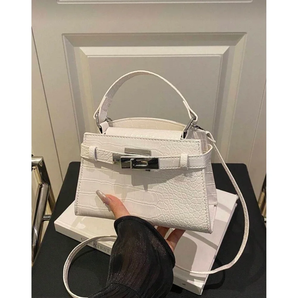 White Croc Embossed Mini Top Handle Crossbody Bag Silver Hardware Turn Lock‎